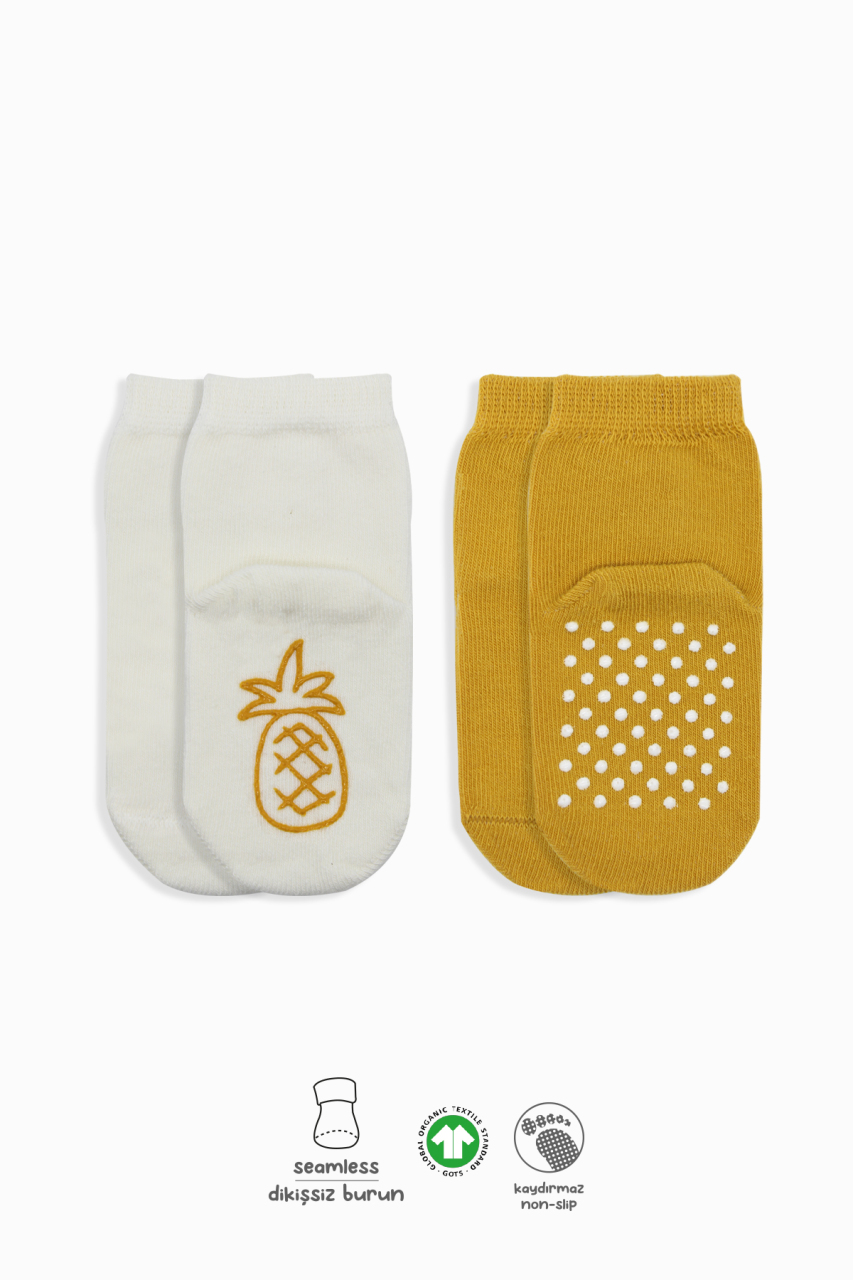 جوارب قصيرة مانعة للانزلاق بنقشة فواكه من بايستايل، عبوة من قطعتين، لون بيج خردلي 10105 - 1