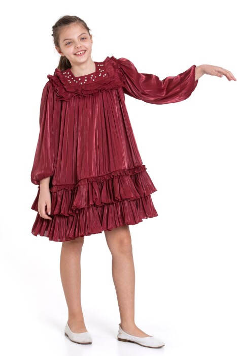Kız Çocuk Elbise 6-10 Yaş 1056 Bordo - 5