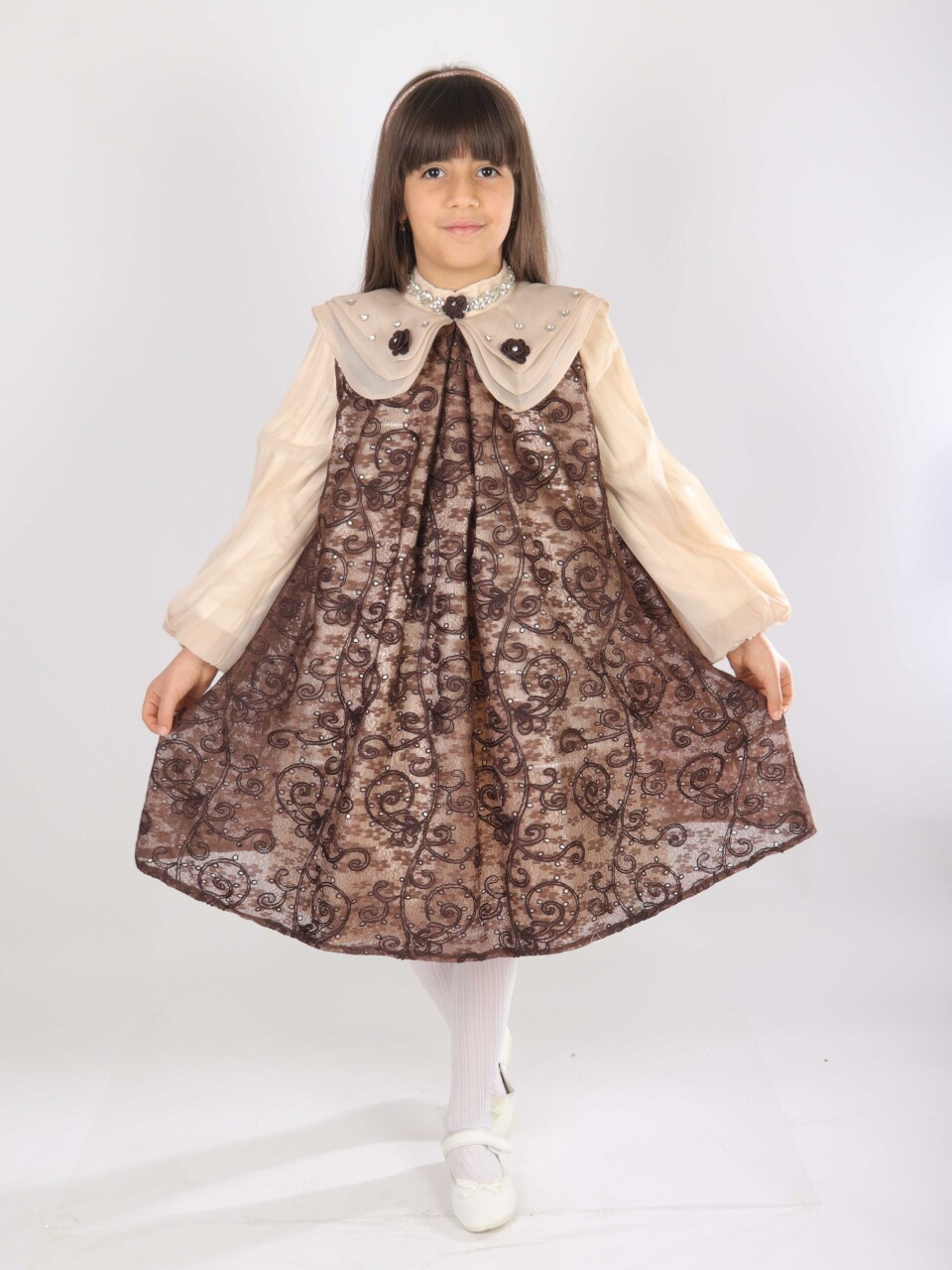 Kız Çocuk Elbise 7-11 Yaş 2703 Kahverengi - 1
