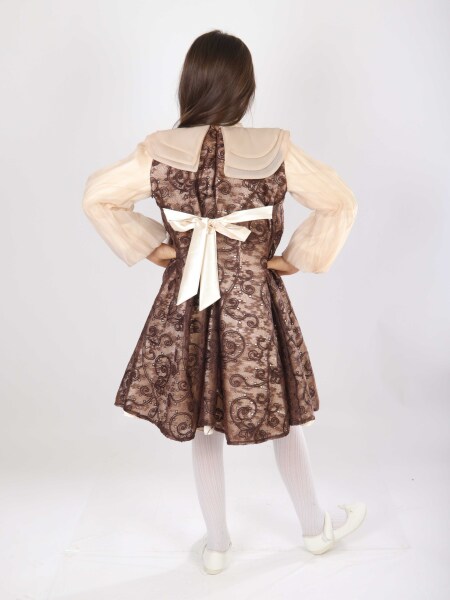 Kız Çocuk Elbise 7-11 Yaş 2703 Kahverengi - 2