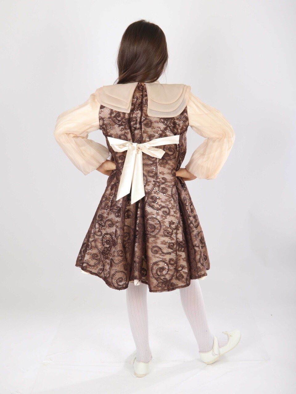 Kız Çocuk Elbise 7-11 Yaş 2703 Kahverengi - 2