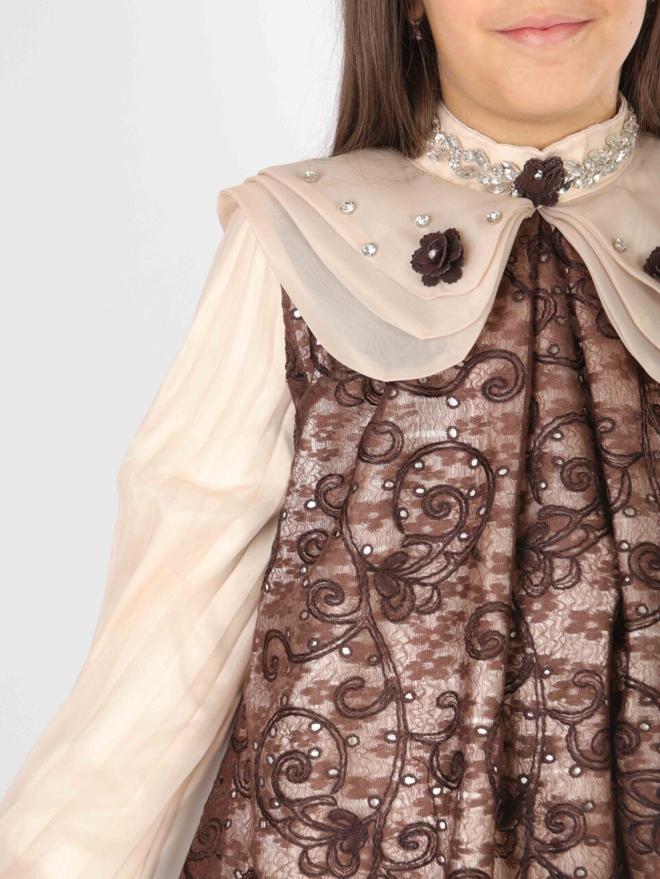 Kız Çocuk Elbise 7-11 Yaş 2703 Kahverengi - 3