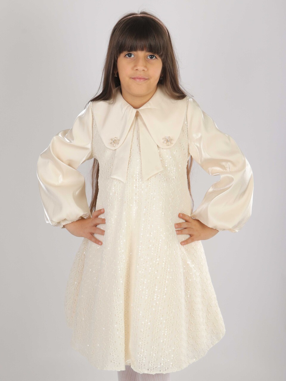 Kız Çocuk Elbise 7-11 Yaş 26571 Bej - 6