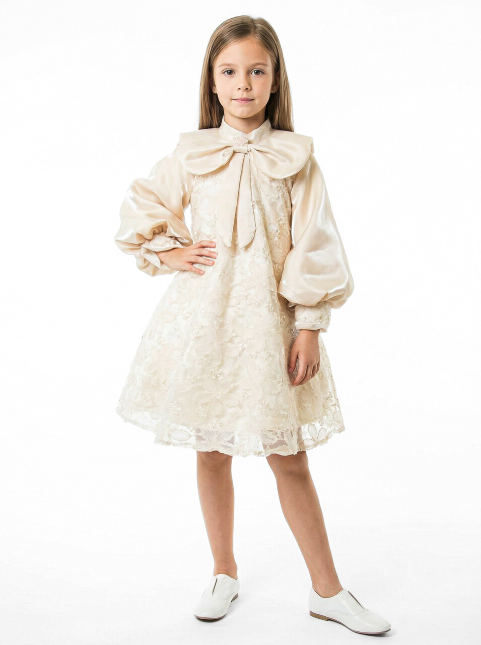 Kız Çocuk Elbise 7-11 Yaş 1104 Bej - 1