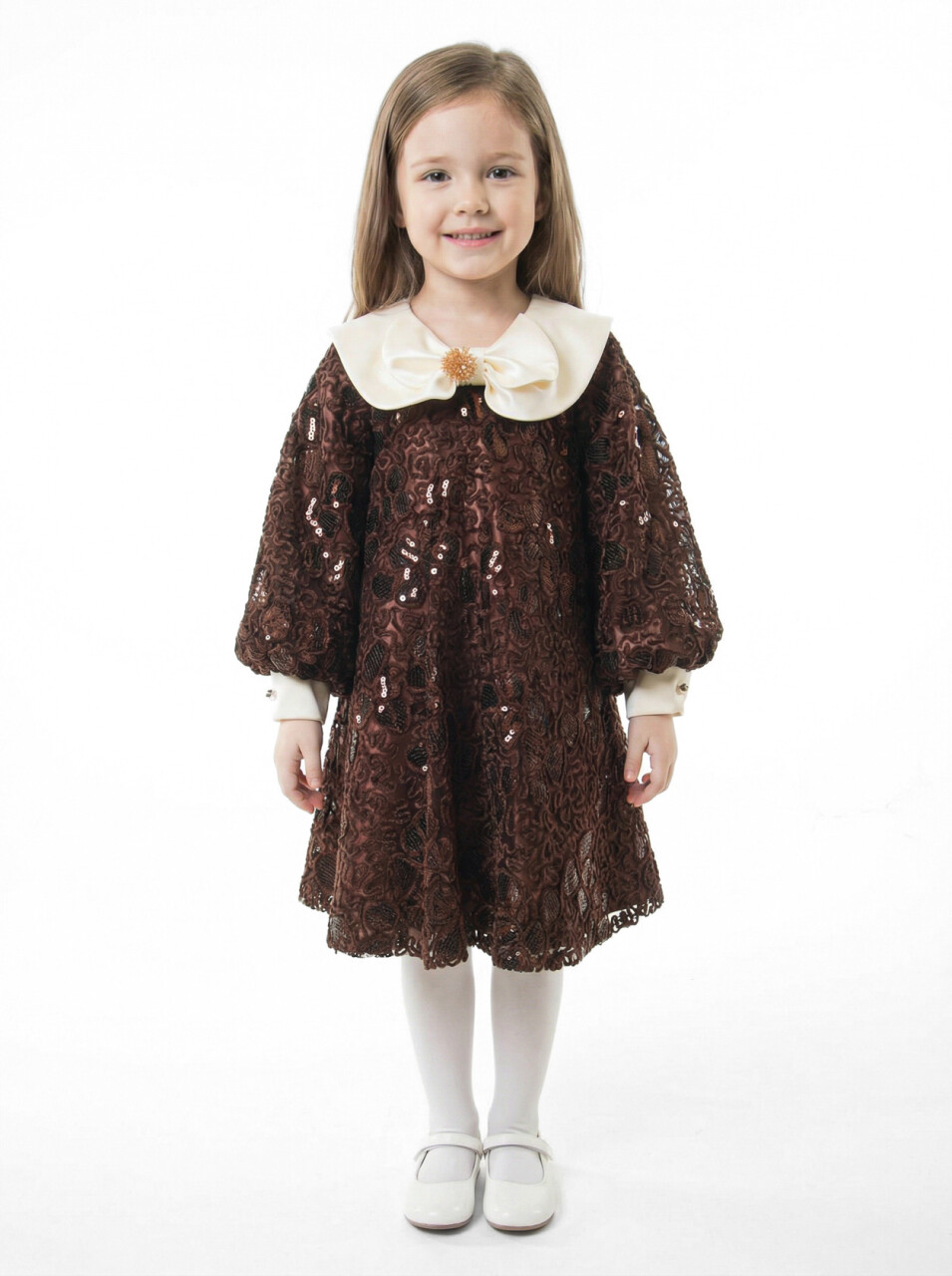 Kız Çocuk Elbise 3-7 Yaş 1025 Kahverengi - 1