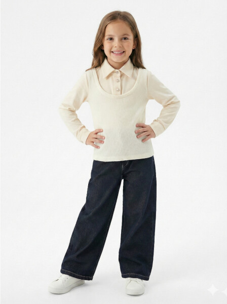 Kız Çocuk Fularlı 3'lü Alt-Üst Takım 11-14 Yaş 25562 Ekru - 3