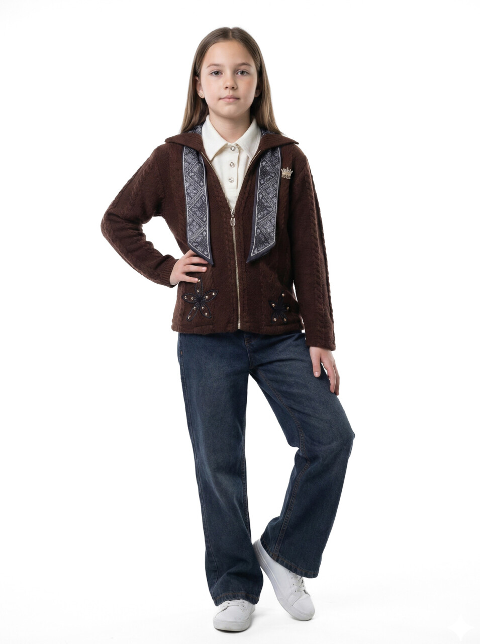 Kız Çocuk Fularlı 3'lü Alt-Üst Takım 6-10 Yaş 25462 Koyu Kahverengi - 1