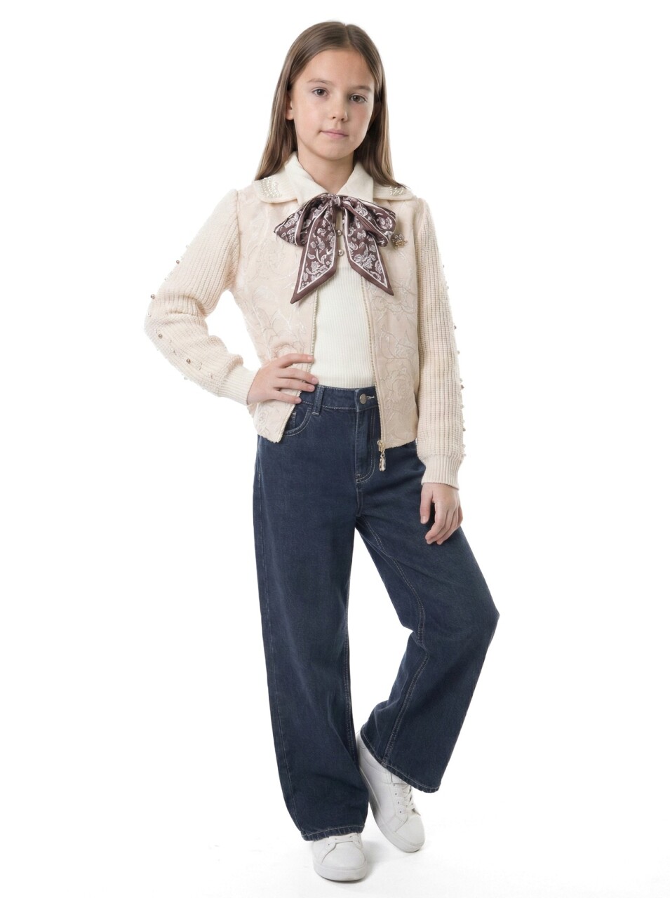 Kız Çocuk Fularlı 3'lü Alt-Üst Takım 11-14 Yaş 25561 Bej - 1