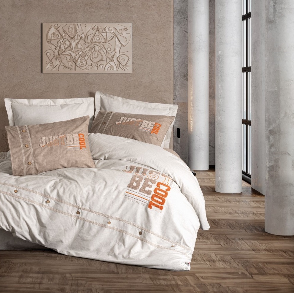 طقم غطاء لحاف قطني مطرز بنمط رانفورس، مقاس مفرد، لون قهوة باردة - 1