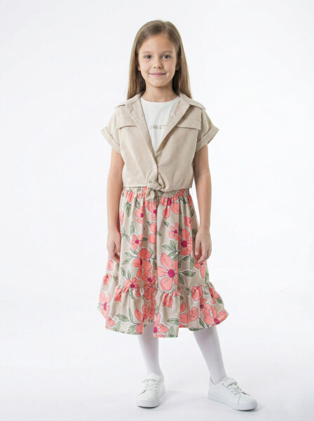 Kız Çocuk Yazlık 3'lu Alt Üst Takım (Yelek + Etek+ Tişort) 6-10 Yaş 6009 Bej - 1