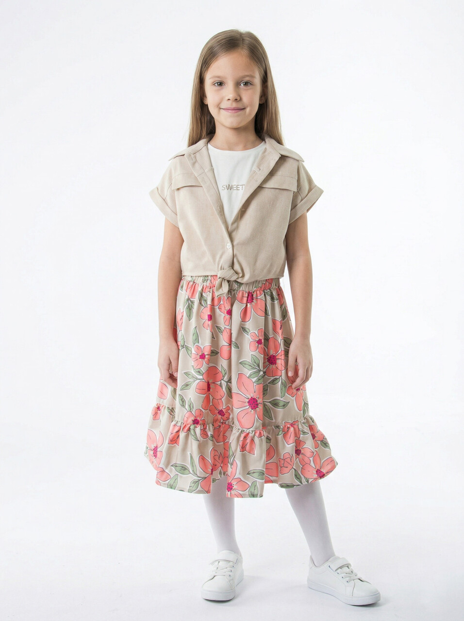 Kız Çocuk Yazlık 3'lu Alt Üst Takım (Yelek + Etek+ Tişort) 6-10 Yaş 6009 Bej - 1
