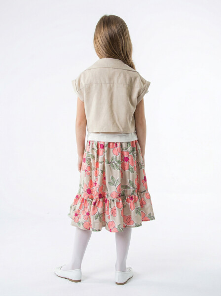 Kız Çocuk Yazlık 3'lu Alt Üst Takım (Yelek + Etek+ Tişort) 6-10 Yaş 6009 Bej - 2