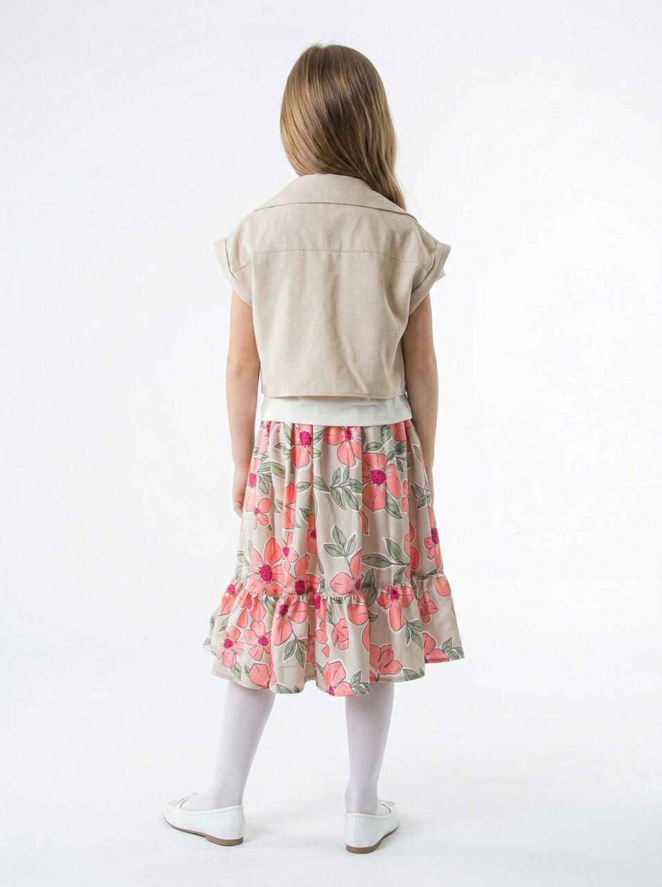 Kız Çocuk Yazlık 3'lu Alt Üst Takım (Yelek + Etek+ Tişort) 6-10 Yaş 6009 Bej - 2