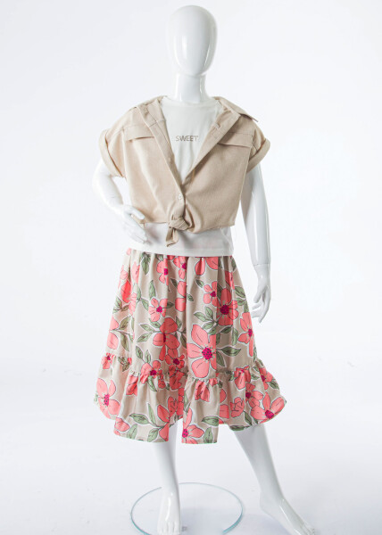 Kız Çocuk Yazlık 3'lu Alt Üst Takım (Yelek + Etek+ Tişort) 6-10 Yaş 6009 Bej - 4