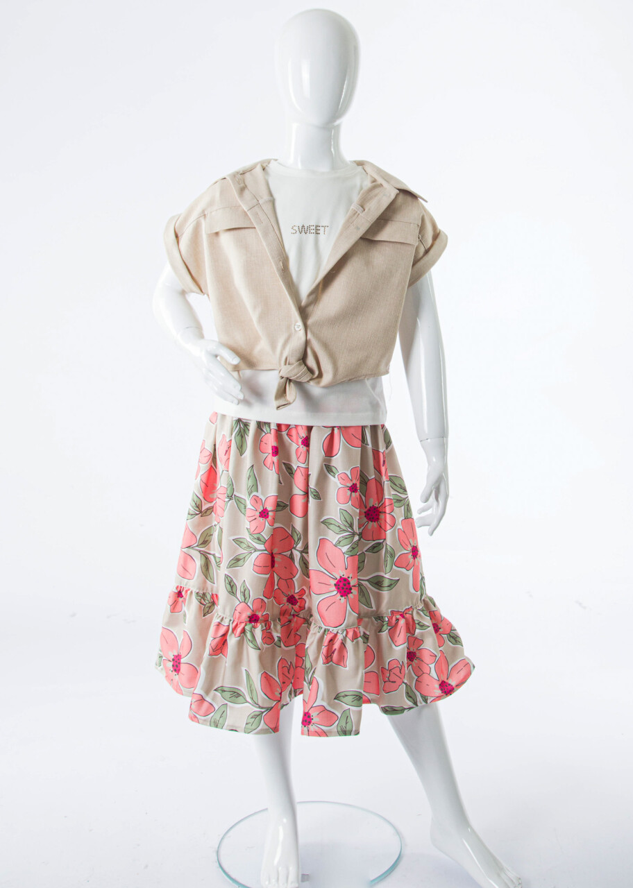 Kız Çocuk Yazlık 3'lu Alt Üst Takım (Yelek + Etek+ Tişort) 6-10 Yaş 6009 Bej - 4