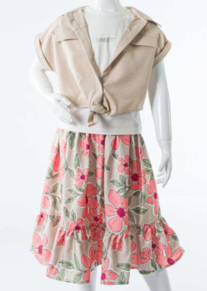 Kız Çocuk Yazlık 3'lu Alt Üst Takım (Yelek + Etek+ Tişort) 6-10 Yaş 6009 Bej - 5