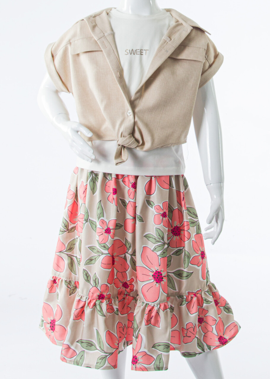 Kız Çocuk Yazlık 3'lu Alt Üst Takım (Yelek + Etek+ Tişort) 6-10 Yaş 6009 Bej - 5