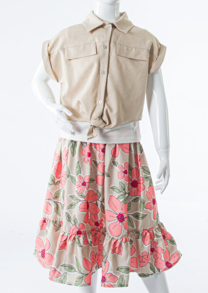 Kız Çocuk Yazlık 3'lu Alt Üst Takım (Yelek + Etek+ Tişort) 6-10 Yaş 6009 Bej - 6