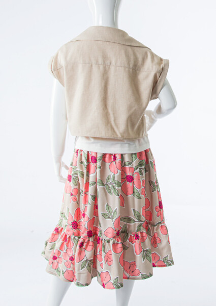 Kız Çocuk Yazlık 3'lu Alt Üst Takım (Yelek + Etek+ Tişort) 6-10 Yaş 6009 Bej - 8