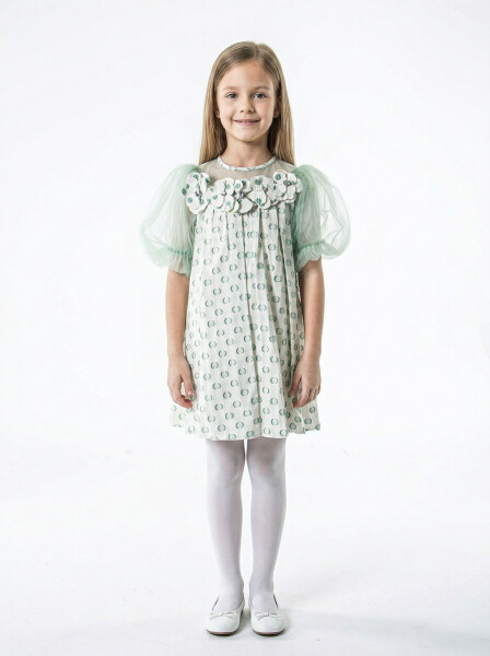 Kız Çocuk Yazlık Elbise 4-8 Yaş 7052 Ekru - Mint - 1