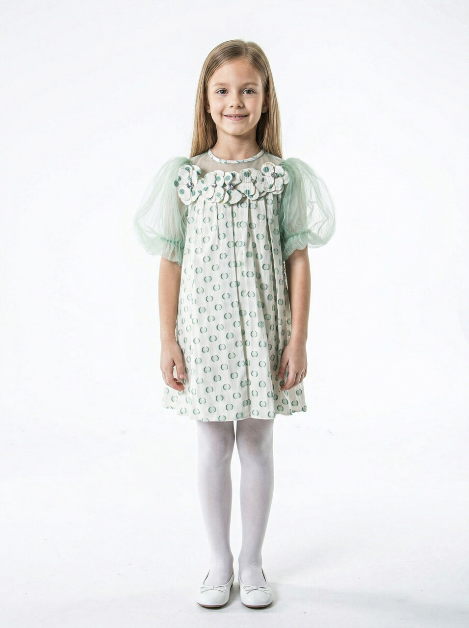 Kız Çocuk Yazlık Elbise 4-8 Yaş 7052 Ekru - Mint - 1