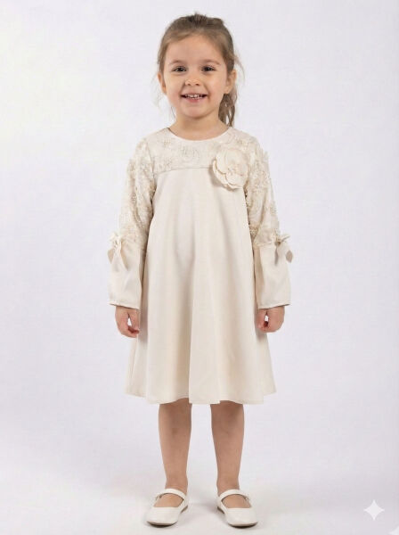Kız Çocuk Elbise 4-8 Yaş 1622 Ekru - Damasqino