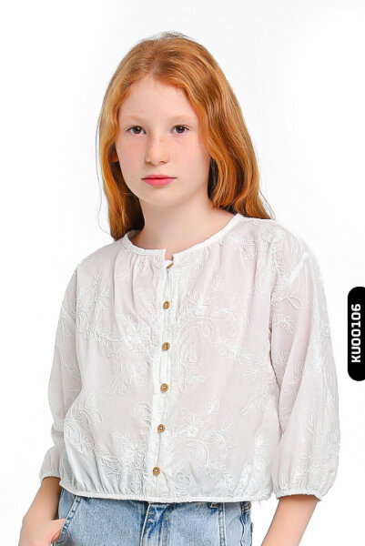 Süzene Nakışlı Bomber Modeli Büzgülü Kollu Kız Çocuk Bluz 5-14 Yaş 35684 Beyaz - ESCABEL