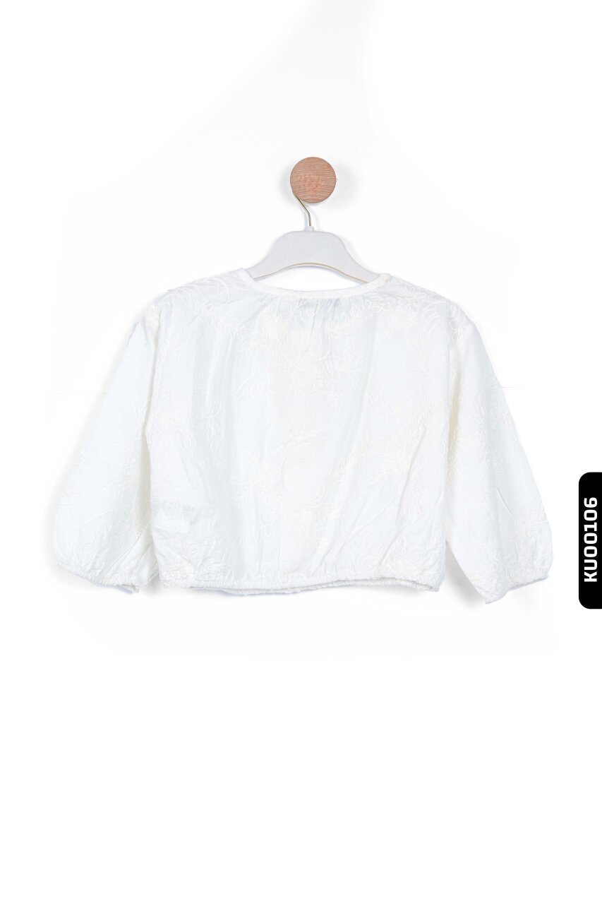 Süzene Nakışlı Bomber Modeli Büzgülü Kollu Kız Çocuk Bluz 5-14 Yaş 35684 Beyaz - 3