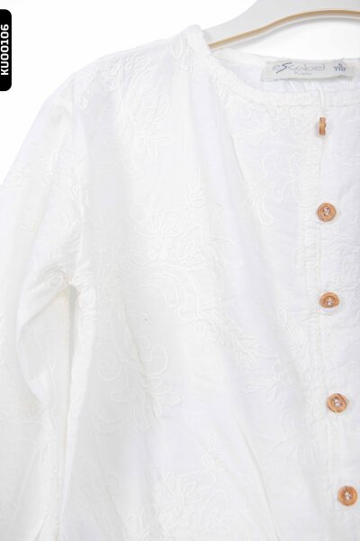 Süzene Nakışlı Bomber Modeli Büzgülü Kollu Kız Çocuk Bluz 5-14 Yaş 35684 Beyaz - 4