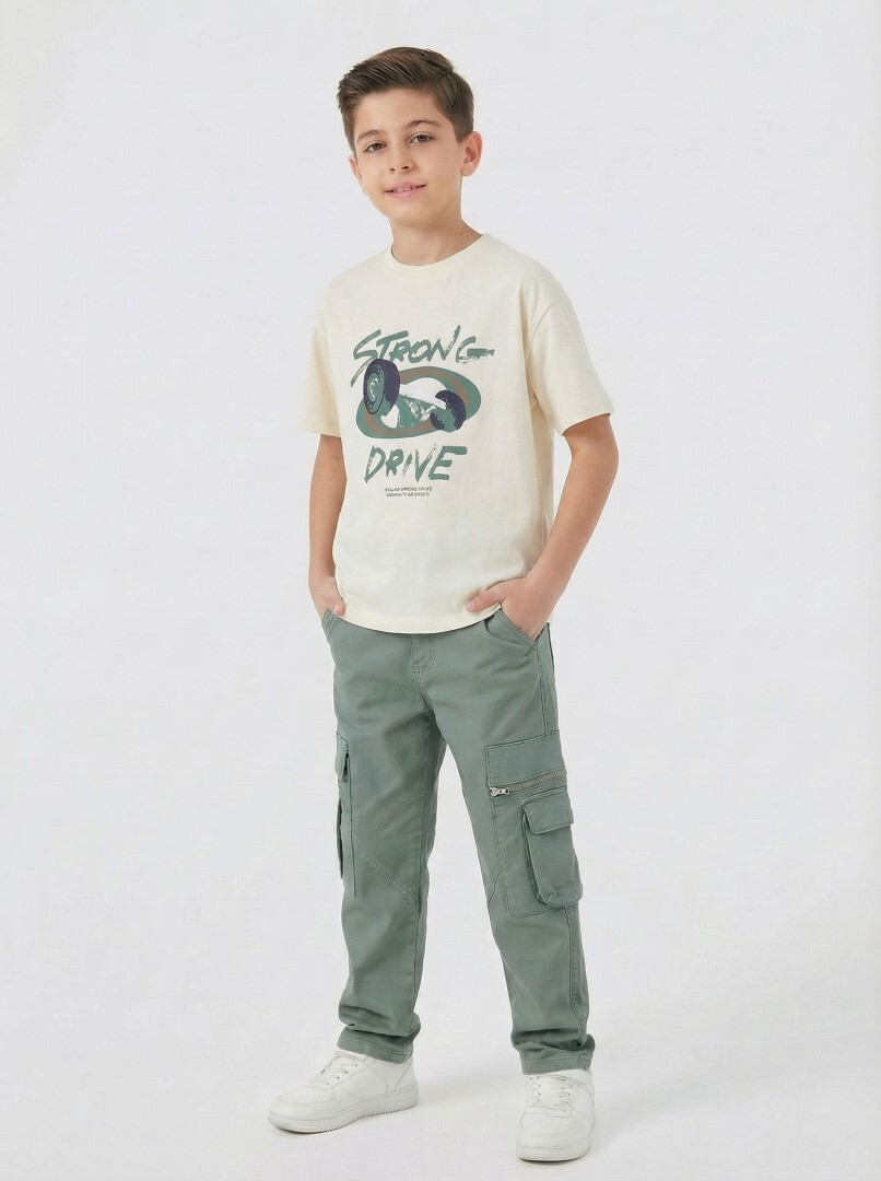 Erkek Çocuk 3'lü Alt Üst Kombin Takmı 4-13 Yaş SET0466 Haki - 4