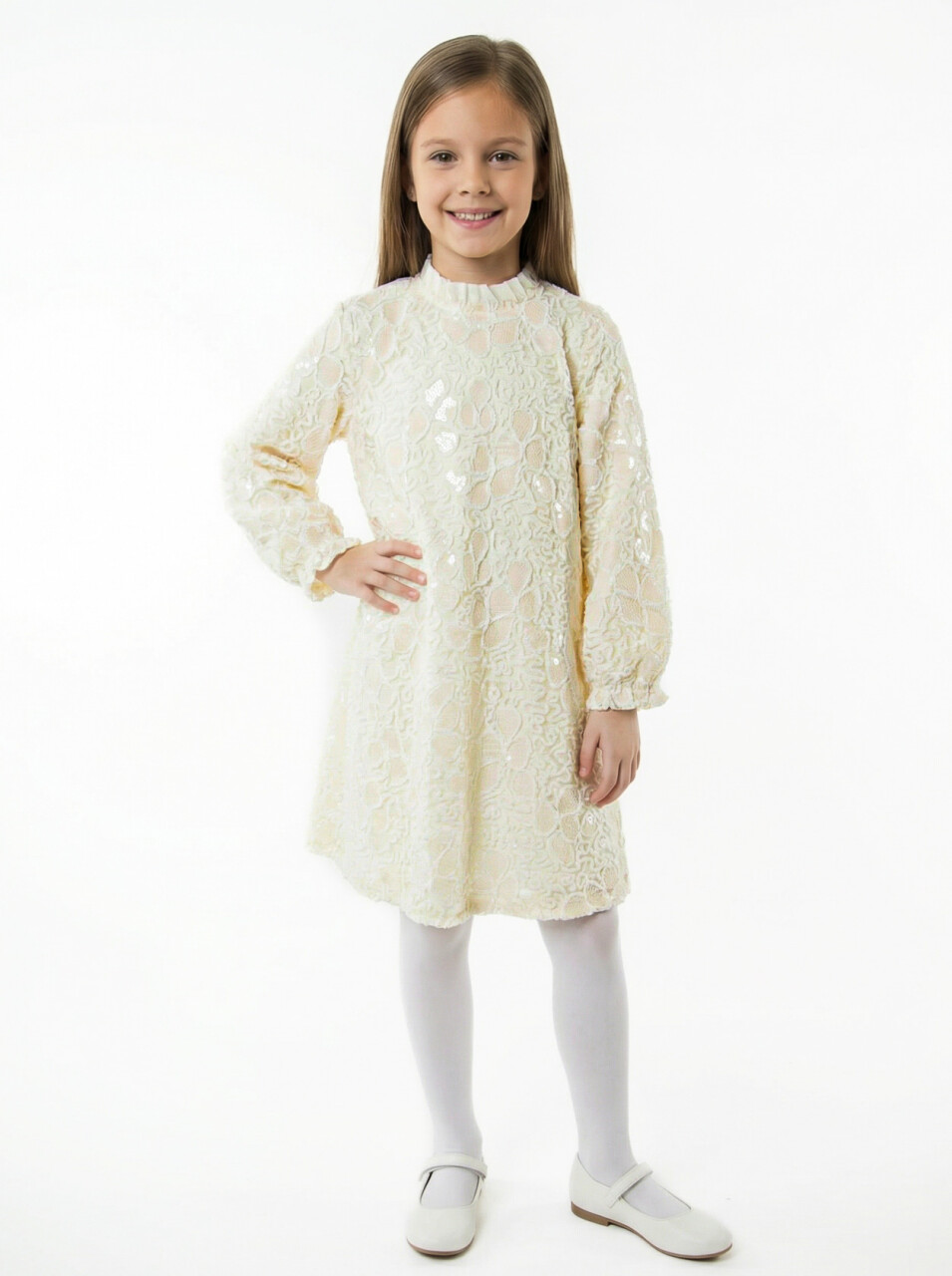 Kız Çocuk Elbise 5-12 Yaş 36235 Ekru - 1