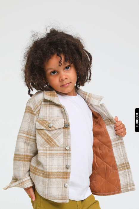 Astarlı Düğmeli Cepli Ekose Desenli Erkek Çocuk Oduncu Gömlek 23141 Krem - 1