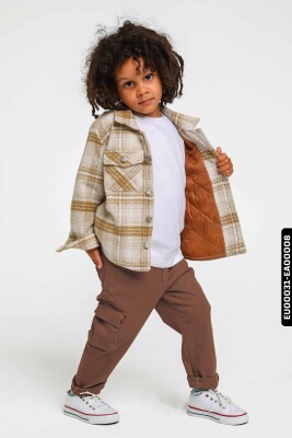 Astarlı Düğmeli Cepli Ekose Desenli Erkek Çocuk Oduncu Gömlek 23141 Krem - 3