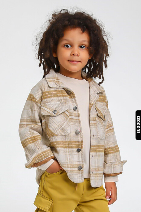 Astarlı Düğmeli Cepli Ekose Desenli Erkek Çocuk Oduncu Gömlek 23141 Krem - 4