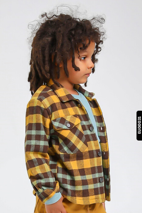 Astarlı Düğmeli Cepli Ekose Desenli Erkek Çocuk Oduncu Gömlek 23141 Hardal - 3