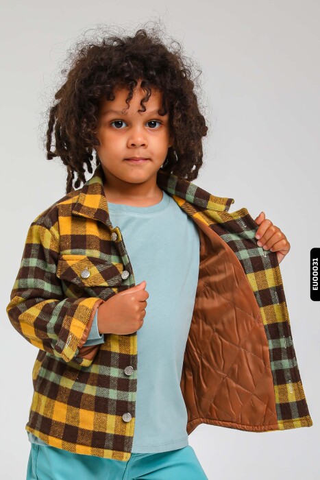 Astarlı Düğmeli Cepli Ekose Desenli Erkek Çocuk Oduncu Gömlek 23141 Hardal - 6