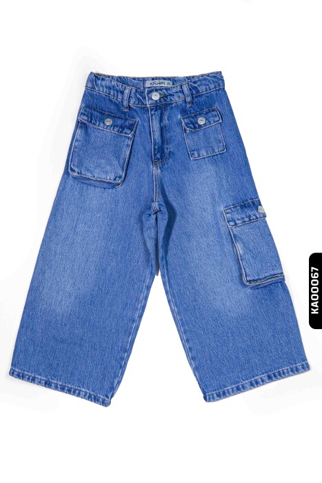 Geniş Paçalı Kargo Cepli Yüksek Belli Kız Çocuk Pantolon 5-14 Yaş 2452 Mavi - 2