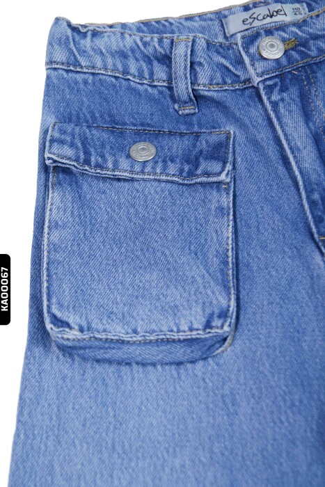 Geniş Paçalı Kargo Cepli Yüksek Belli Kız Çocuk Pantolon 5-14 Yaş 2452 Mavi - 4