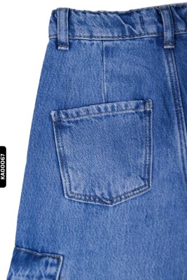 Geniş Paçalı Kargo Cepli Yüksek Belli Kız Çocuk Pantolon 5-14 Yaş 2452 Mavi - 7