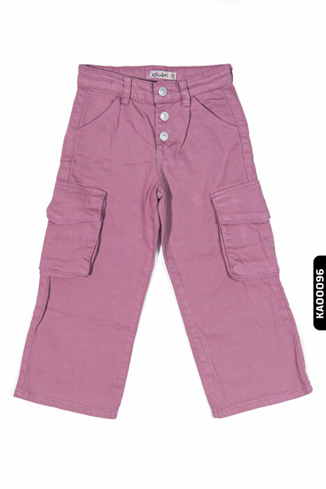 23022 بنطال بناتي بأزرار ظاهرة بجيوب كارجو بأكمام مستوية للأعمار 5-14 سنة - 2