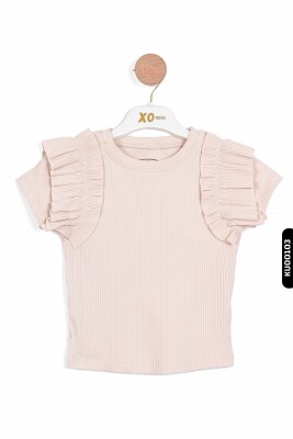 Fırfırlı Kısa Kollu O Yakalı Çizgili Kız Çocuk Kazak 5-14 Yaş 35773 Bej - 2