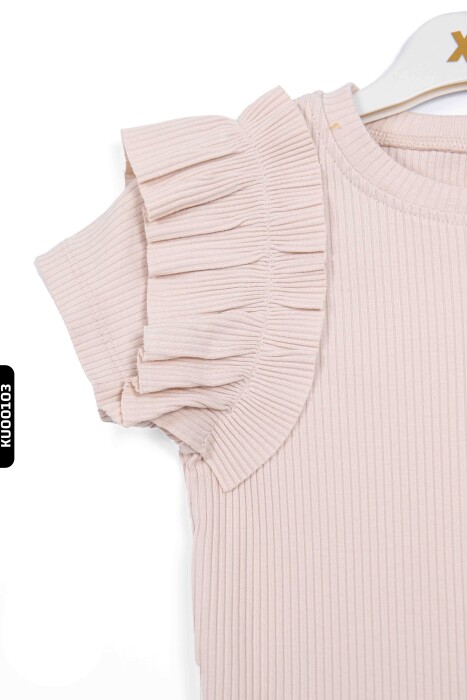 Fırfırlı Kısa Kollu O Yakalı Çizgili Kız Çocuk Kazak 5-14 Yaş 35773 Bej - 4