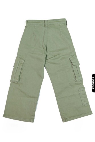 2413 بنطال بناتي بجيوب كارجو خصر عالي بأكمام مستوية للأعمار 5-14 سنة - 3