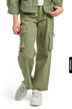 Kargo Cepli Kemerli Düz Paçalı Kız Çocuk Pantolon 5-14 Yaş 2413 Asker Yeşili * 