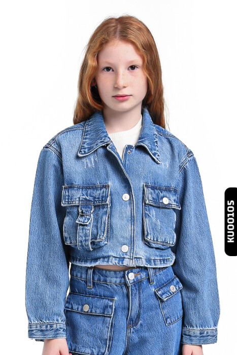 24205 جاكيت بناتي جينز بجيوب بغطاء قلاب ياقة رسمية اغلاق بمشابك للأعمار 5-14 سنة - 2