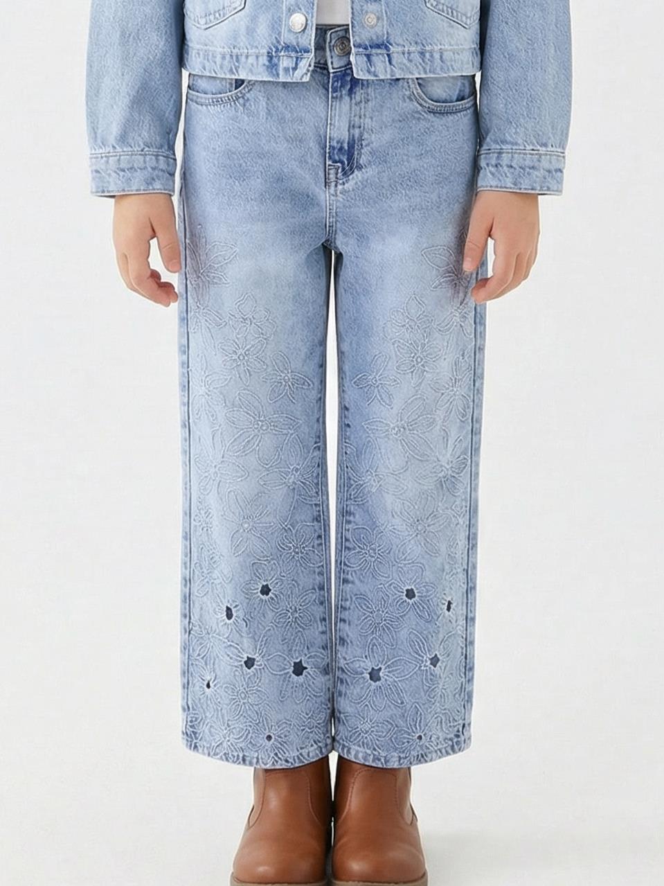 Kız Çocuk Çiçek Nakışlı jean Pantolon 4-13 Yaş 26164 Mavi - 1