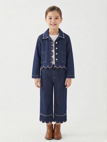 Kız Çocuk 3'lü Alt Üst Kombin Takmı 5-14 Yaş SET0477 Mavi - ESCABEL