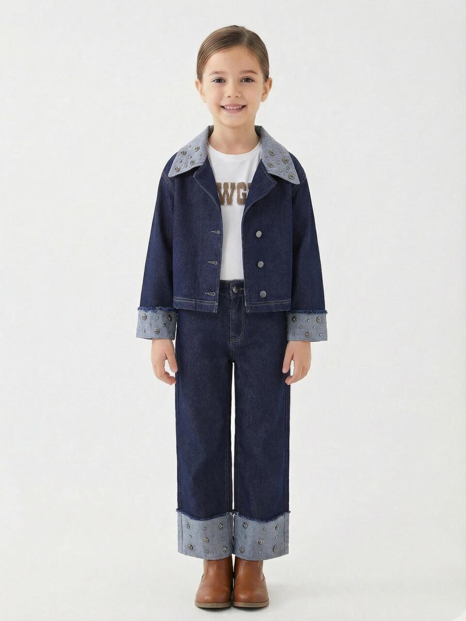 Kız Çocuk 3'lü Alt Üst Kombin Takmı 4-13 Yaş SET0478 Mavi - 1