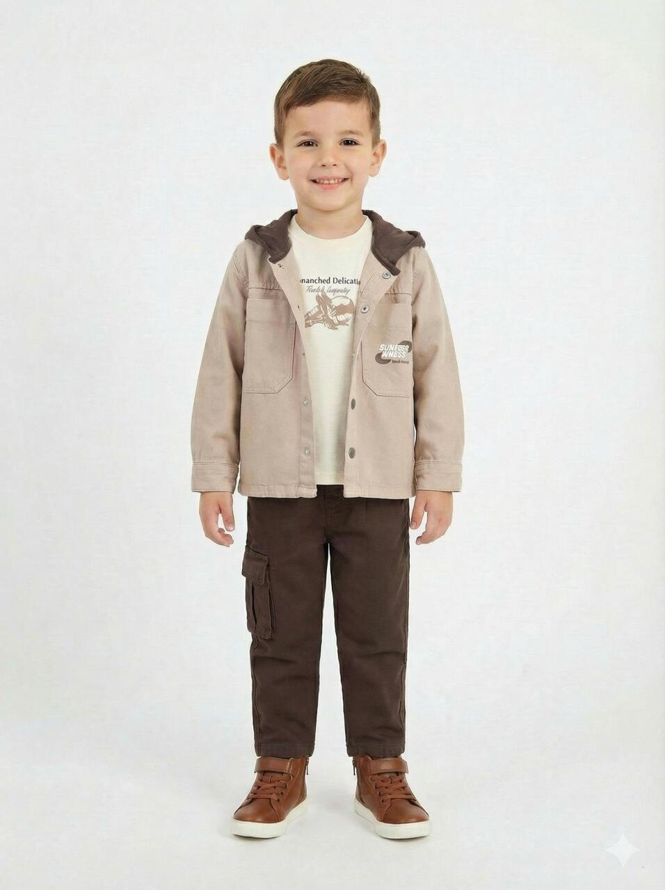 Erkek Çocuk 3'lü Alt Üst Kombin Takmı 1-4 Yaş SET0472 Kahverengi - 3