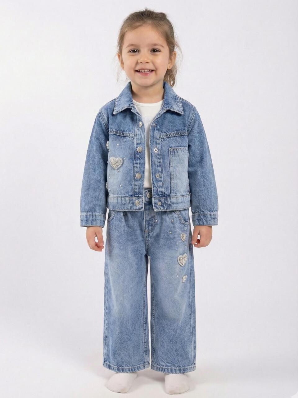 Kız Çocuk 3'lü Alt Üst Jean Takmı 1-4 Yaş SET0481 Mavi - 1